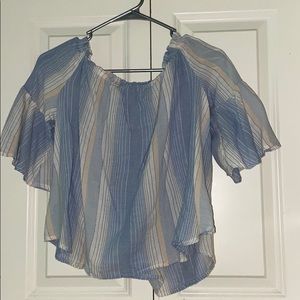 Blue and cream striped blouse, off the shoulder